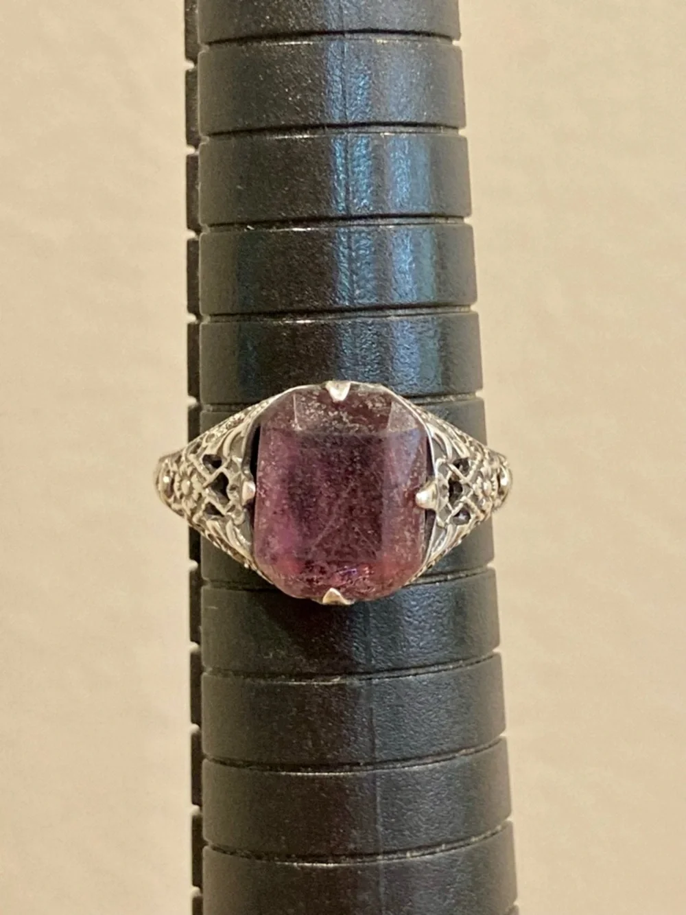 Sterling Silver Filigree Ring with Purple Stone - Size 7
